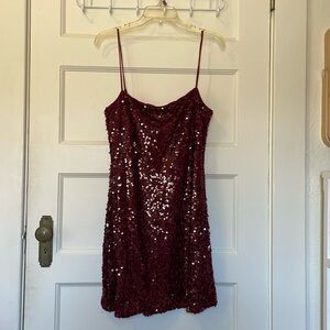 Row A maroon sequined mini dress with spaghetti straps, XL